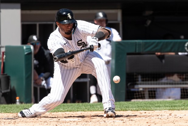 White Sox catcher Martín Maldonado attempts a bunt in the fifth inning against the Orioles at Guaranteed Rate Field on May 25, 2024. (Griffin Quinn/Getty Images)