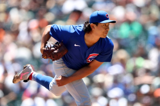Cubs starting pitcher Shota Imanaga delivers against the Giants on June 27, 2024, at Oracle Park in San Francisco. Imanaga allowed three runs on five hits in six innings in the Cubs' 5-3, 10-inning win. (Karl Mondon/Bay Area News Group)
