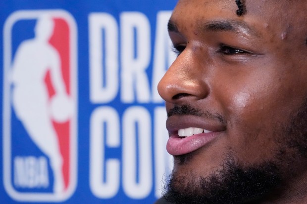 Bronny James listens to reporters during the 2024 NBA draft Combine on May 14, 2024, in Chicago, (Nam Y. Huh/A{)