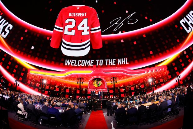 Sacha Boisvert is selected by the Blackhawks with the No. 18 pick during the first round at Sphere on June 28, 2024. in Las Vegas. (Photo by Bruce Bennett/Getty Images)