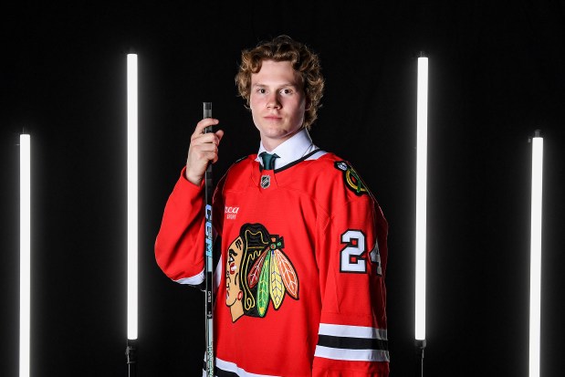 Marek Vanacker poses for a portrait after being drafted by the Blackhawks with the No. 27 pick at Sphere on June 28, 2024, in Las Vegas. (Photo by Candice Ward/Getty Images)