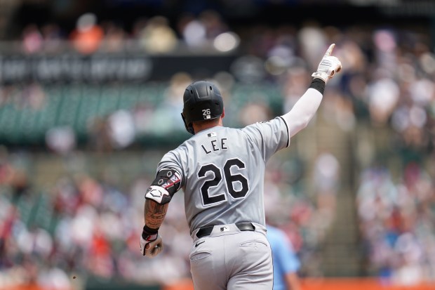 White Sox catcher Korey Lee celebrates his home run against the Tigers in the sixth inning on June 22, 2024, in Detroit. (AP Photo/Paul Sancya)