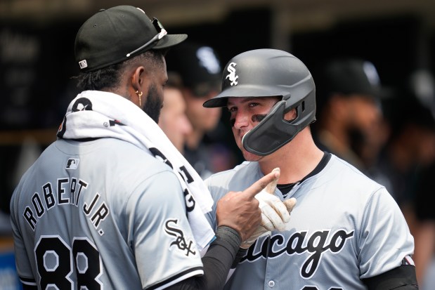 White Sox catcher Korey Lee, right, celebrates his home run with center fielder Luis Robert Jr. against the Tigers in the sixth inning on June 22, 2024, in Detroit. (Paul Sancya/AP)