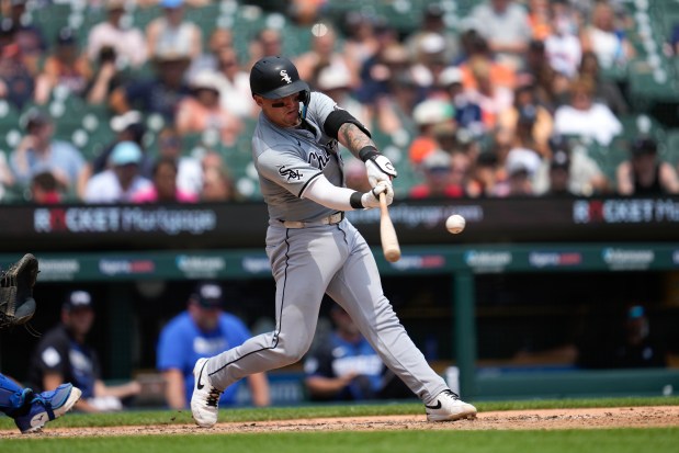 White Sox catcher Korey Lee hits a home run against the Tigers in the sixth inning on June 22, 2024, in Detroit. (Paul Sancya/AP)