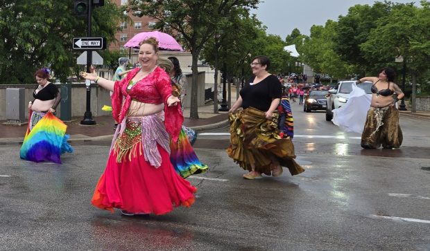 A wide variety of people participated in this year's Elgin Pride Parade, including belly dancers from Mahira Bellydance. The Saturday event was held in downtown Elgin. (Gloria Casas/The Courier-News)