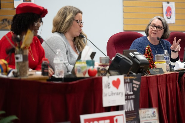 School City of Hammond board president Lisa Miller, on right, responds to board member Carlotta Blake-King during a public meeting on Tuesday, January 9, 2024. (Kyle Telechan for the Post-Tribune)