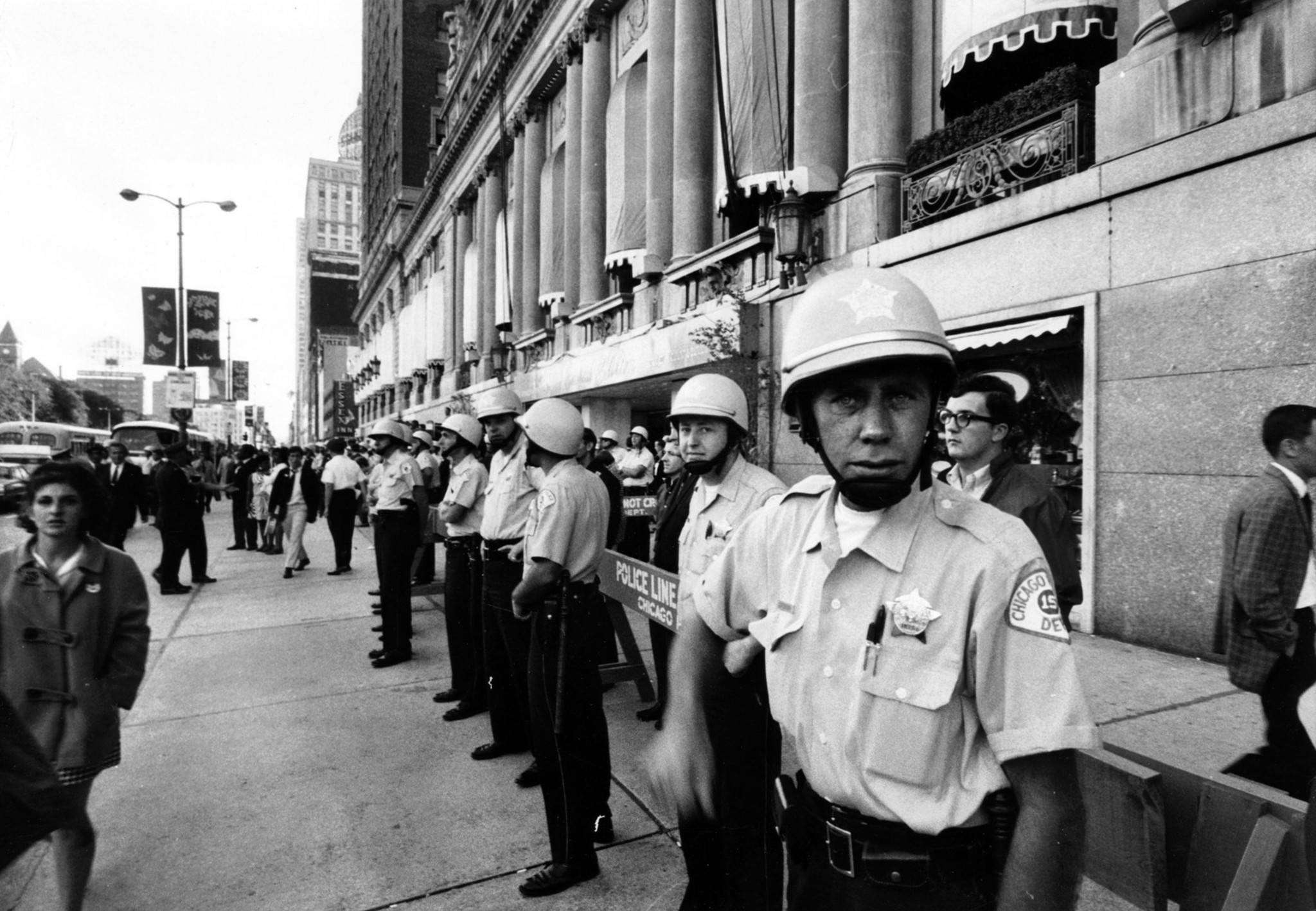 Chicago police in position outside the Hilton during the Democratic...