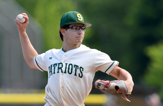 Stevenson's starting pitcher Frank Constabile (9) pitches in the second inning. Stevenson defeated Prospect's baseball team 6-2 in the Class 4A Stevenson Sectional semifinal, Wednesday May 29, 2024 in Lincolnshire. (Rob Dicker/for the Lake New-Sun)