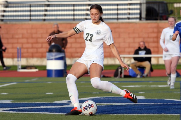 Grayslake Central's Madison Hoffmann (23), passing the ball, during the Class 2A Vernon Hills Regional semifinal, on Tuesday, May 14, 2024. (Mark Ukena for the Lake County News-Sun)