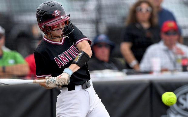 Antioch's Claire Schuyler (1) connects on a hip-high fastball. Antioch fell to Pontiac 6-0 in the Class 3A state championship at Louisville Slugger Sports Complex in Peoria(Rob Dicker / New-Sun)