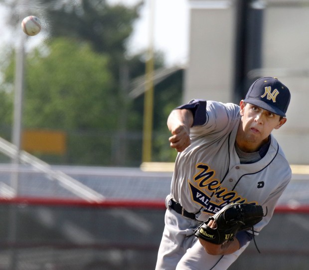 Neuqua Valley's Ricky Castro pitches against Downers Grove North during a Class 4A Yorkville Regional semifinal on Wednesday, May 23, 2018. The Wildcats won 16-0 in a four-inning game. (Jeff Krage / Naperville Sun)