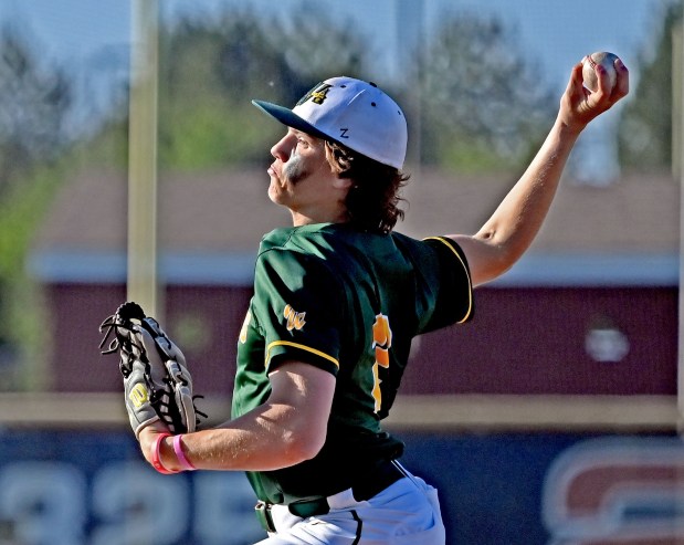 Waubonsie Valley's Owen Roberts delivers a pitch to home. Waubonsie Valley defeated Plainfield North 3-0, in a Class 4A Plainfield North Sectional semifinal baseball game, Wednesday, May 29, 2024, in Plainfield, Illinois. (Jon Langham/for Naperville Sun)