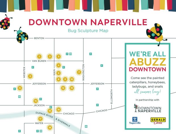 This map put together by Downtown Naperville helps visitors find all of the "bugs" that make up this year's Painted Summer Sculptures series. (Downtown Naperville)