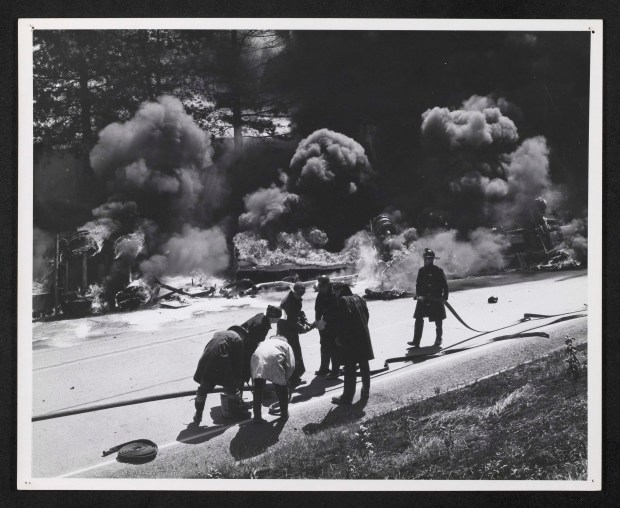 Shell gasoline tanker fire on Ogden Avenue, 1966. (Courtesy of Naperville Heritage Society at Naper Settlement)