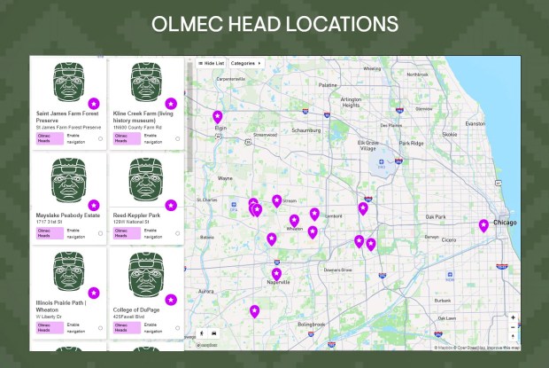 A screenshot of an interactive map showing where all of the sculptures part of the Olmec Trails exhibit are located across DuPage County.