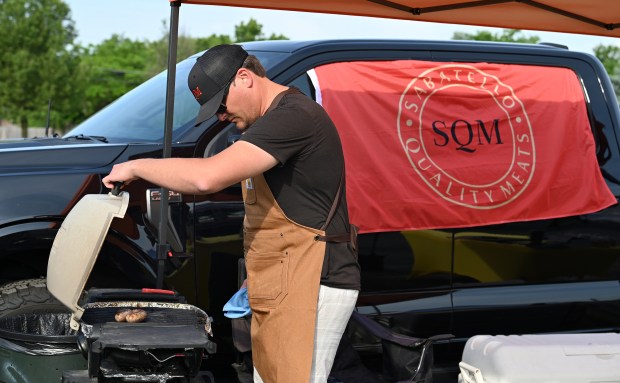Newcomer to the farmers' market is Joe Sabatello of Lake Zurich and of the Lake Zurich-based company Sabatello Quality Meats who is offering fresh bratwurst on opening day in Buffalo Grove on June 16, 2024 of the Buffalo Grove Farmers Market at Mike Rylko Community Park (951 McHenry Road). (Karie Angell Luc/Pioneer Press)