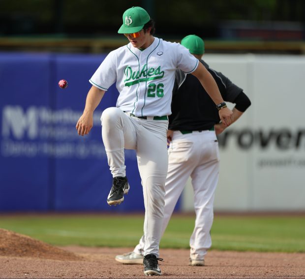 York pitcher Ryan Sloan (26) plays with a Hacky Sack prior to the Class 4A Kane County Supersectional between McHenry and York at Northwestern Medicine Field in Geneva on Monday, June 3, 2024. (Trent Sprague/for the Pioneer Press)