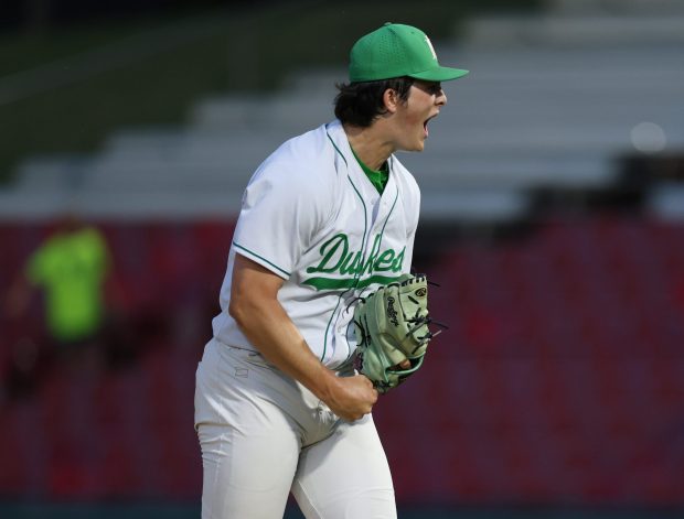 York pitcher Ryan Sloan (26) celebrates a win during the Class 4A Kane County Supersectional between McHenry and York at Northwestern Medicine Field in Geneva on Monday, June 3, 2024. (Trent Sprague/for the Pioneer Press)