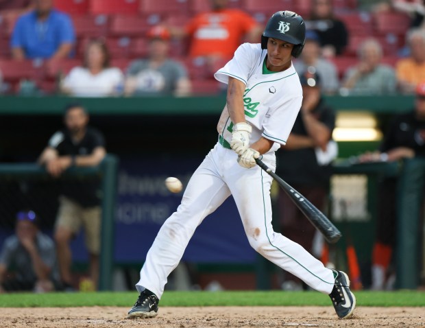 York pitcher Chris Danko (19) swings at a pitch during the Class 4A Kane County Supersectional between McHenry and York at Northwestern Medicine Field in Geneva on Monday, June 3, 2024. (Trent Sprague/for the Pioneer Press)