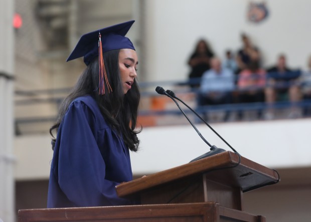 Ava Nicholson, student council president, speaks during the Class of 2024 graduation at Oak Park River Forest High School in Oak Park on Sunday, May 26, 2024. (Trent Sprague/for the Pioneer Press)