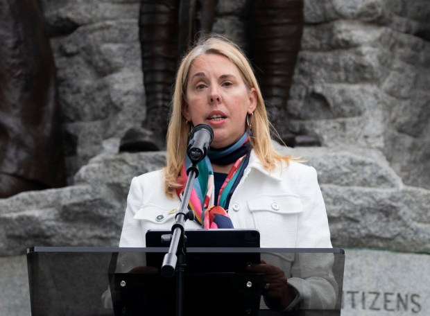 Oak Park Village President Vicki Scaman gives introductory remarks at a Memorial Day ceremony at Scoville Park in Oak Park on Monday, May 27, 2024. (Nate Swanson/for the Pioneer Press)