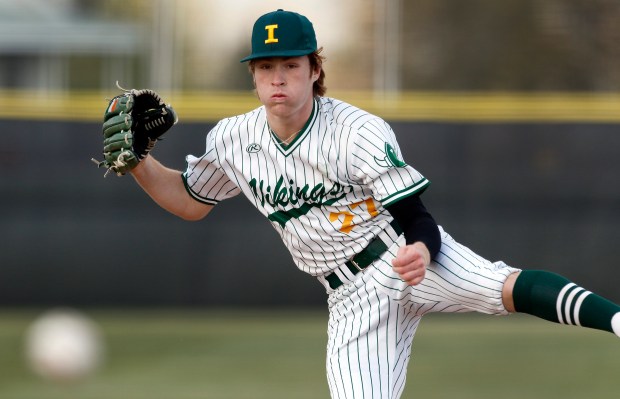 Illiana Christian starting pitcher Kevin Corcoran throws hard in the first inning against Griffith during a baseball game on Tuesday April 25, 2023. (John Smierciak/ Post Tribune)