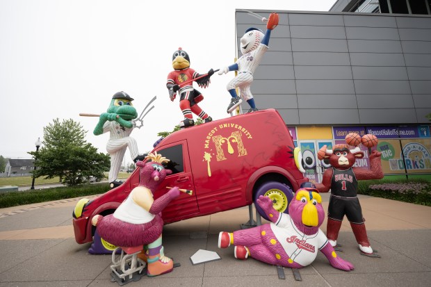 A display featuring a number of mascots can be seen outside of the Mascot Hall of Fame in Whiting during the BP Whiting Refinery community night event on Thursday, June 20, 2024. (Kyle Telechan/for the Post-Tribune)