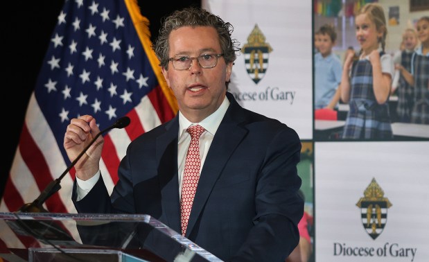 Josh Hale, CEO of Big Shoulders Fund speaks to at the crowd during a ceremony where The Dean and Barbara White Family Foundation, Big Shoulders Fund, and the Diocese of Gary is making a $150 million investment over ten years to sustain Catholic schools in Northwest Indiana on Wednesday, June 12, 2024. (John Smierciak/Post Tribune)