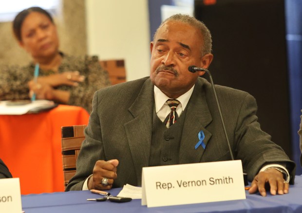 State Representative Vernon Smith breaks down as he thanks residents who supported him during his 34 years in office during a meeting in Gary of the Indiana State Distressed Unit Appeal Board to consider terminating the district's distressed status after 7 years of state control on Monday, June 17, 2024. (John Smierciak/Post Tribune)