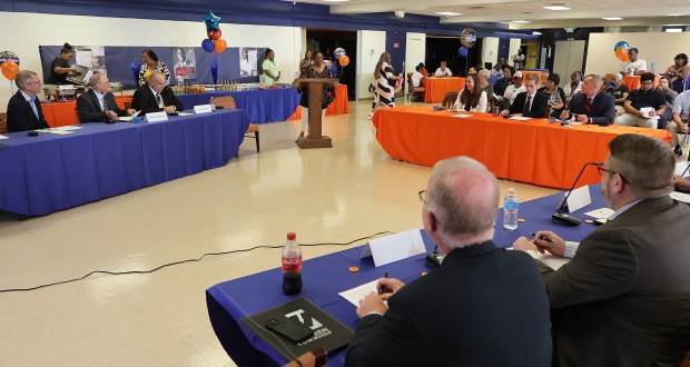 Resident Linda Collins (center) address the board during a meeting in Gary of the Indiana State Distressed Unit Appeal Board to consider terminating the district's distressed status after 7 years of state control on Monday, June 17, 2024. (John Smierciak/Post Tribune)