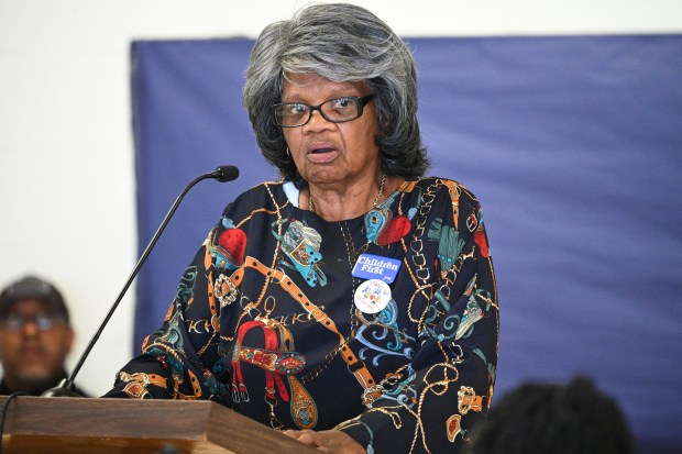 Gary resident Nikki Byrd speaks during the public comment period at a Gary Community School Corporation meeting to announce its next superintendent on Friday, June 7, 2024. (Kyle Telechan/for the Post-Tribune)