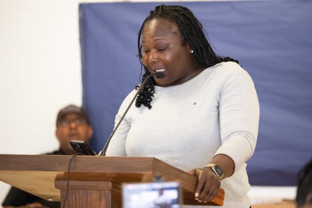 Gary resident and former teacher Shanee' Butler speaks during the public comment period at a Gary Community School Corporation meeting to announce its next superintendent on Friday, June 7, 2024. (Kyle Telechan/for the Post-Tribune)