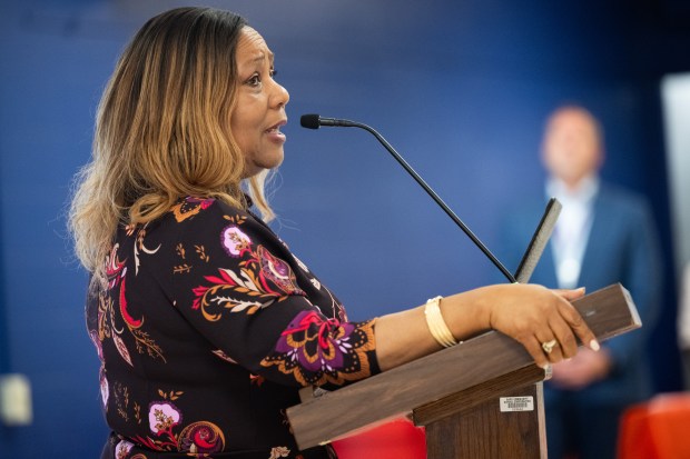 Newly-appointed Gary Community School Corporation superintendent Yvonne Stokes speaks during a public meet and greet at the Gary Area Career Center on Tuesday, June 11, 2024. (Kyle Telechan/for the Post-Tribune)