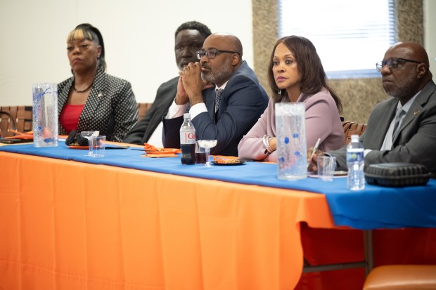 Gary Community School Corporation board members watch as newly-appointed superintendent Yvonne Stokes speaks during a public meet and greet at the Gary Area Career Center on Tuesday, June 11, 2024. (Kyle Telechan/for the Post-Tribune)