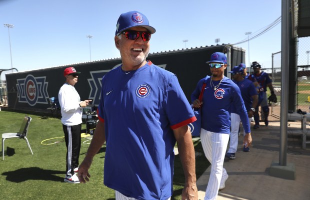 Cubs Hall of Famer Ryne Sandberg has a laugh during spring training on March 16, 2022, at Sloan Park in Mesa, Ariz.