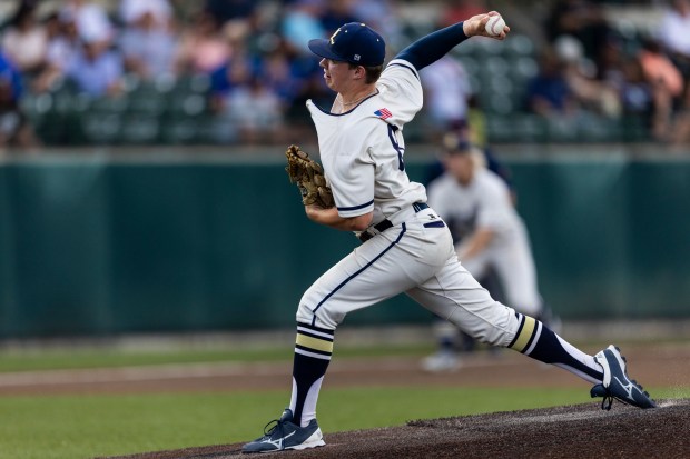 Lemont's Donovan Moleski pitches against De La Salle in the Class 3A Crestwood Supersectional at Ozinga Field in Crestwood on Monday, June 3, 2024. (Vincent D. Johnson/for the Daily Southtown)