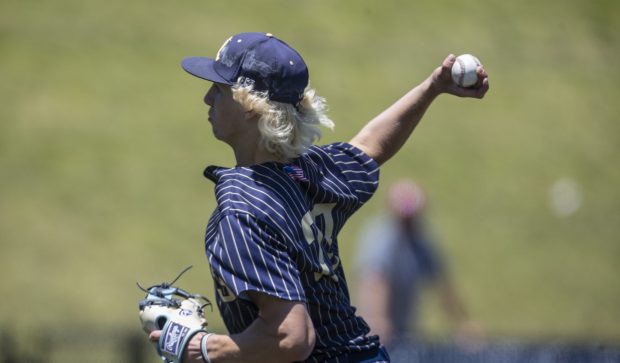 Lemont's Shea Glotzbach pitches against Highland in the Class 3A state semifinals at Duly Health and Care Field in Joliet on Friday, June 7, 2024. (Vincent D. Johnson/for the Daily Southtown)