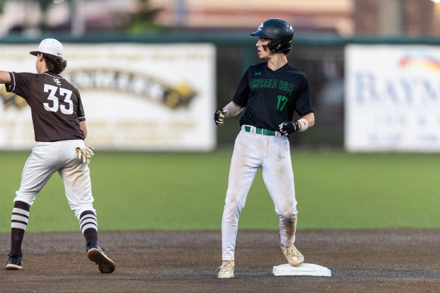 Providence's Jackson Smith (17) comes into second base standing up after a hard-to-catch blooper fell into center field against Mount Carmel in the Class 4A Crestwood Supersectional at Ozinga Field in Crestwood on Monday, June 3, 2024. (Vincent D. Johnson/for the Daily Southtown)