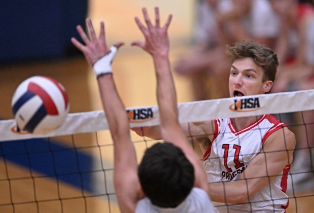 Marist's Luke Brannigan (11) during the 1st game of Saturday's semifinal match against Glenbard West, June 1, 2024. Marist won the match, 28-26, 26-24. (Brian O'Mahoney for the Daily Southtown)