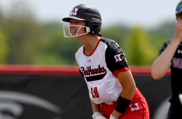 Marists Alexis Kyros (19) screams in joy after getting on base. Marist defeated Mundelein 7-1 in the Class 4A state semifinals at Louisville Slugger Sports Complex in Peoria, Friday, June 7, 2024. (Rob Dicker / Daily Southtown)).