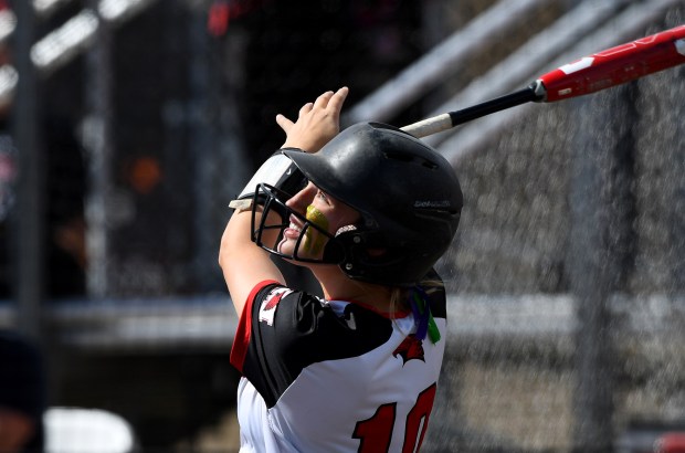 Marist's Camryn Lyons (10) connects with a pitch. Marist defeated Mundelein 7-1 in the Class 4A state semifinals at Louisville Slugger Sports Complex in Peoria, Friday, June 7, 2024. (Rob Dicker / Daily Southtown)).