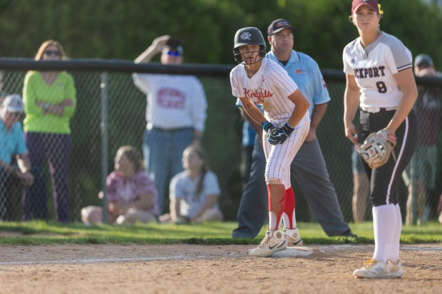 The Knights' Isabella Olmos stands just 60-feet from scoring the winning run in the Class 4A Lincoln-Way Central Sectional final against Lockport in New Lenox on Friday, May 31, 2024. (Vincent D. Johnson/for the Daily Southtown)