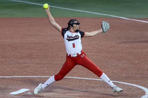 Marist's Gianna Hillegonds (8) throws a pitch during the Class 4A Rosemont Supersectional game against Lincoln-Way Central on Monday, June 3, 2024. (Troy Stolt/for the Daily Southtown)