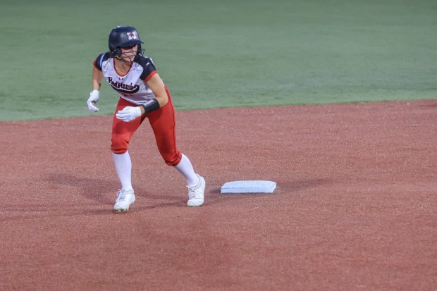 Marist's Breanna Hanik (17) heads for third base during the Class 4A Rosemont Supersectional game against Lincoln-Way Central on Monday, June 3, 2024. (Troy Stolt/for the Daily Southtown)
