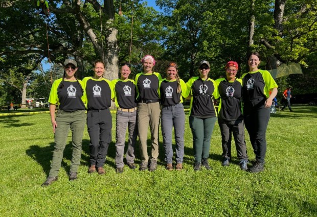 This year's Illinois Arborist Association tree-climbing competition had a record-breaking number of women register. Competitors included, from left, Kelly Bougher, Katie Becker, Dana Brelowski, Katie Fleming, Mel Hamilton, Lisa Mende, Libby Bower, and Grace Ehlinger. (Katie Fleming)