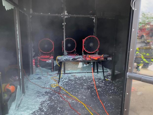 Specialized ventilation fans were brought in to control the smoke after a fire June 20, 2024 at the UFC Gym at 66 Orland Square Drive. (Orland Fire Protection District)