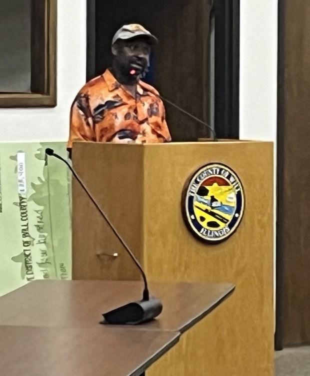 Romeoville resident Omar Kamara is the sole resident to speak out in person June 13, 2024, against the $50 million bond issue by the Will County Forest Preserve District. (Michelle Mullins/for the Daily Southtown)