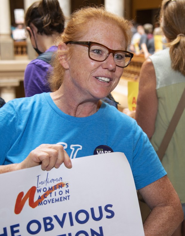 Deb Chubb of Michigan City, executive director at Indiana Women's Action Movement Inc., attends a pro-abortion rights rally at the statehouse in Indianapolis on Monday, July 25.