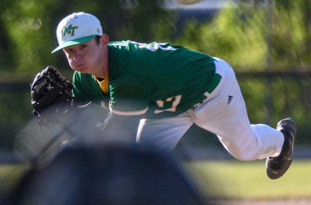 Morgan Township's Grant Cowger delivers a pitch during a game against Kouts in the first round of the Class 1A Hammond Academy Sectional on Thursday, May 25, 2023.