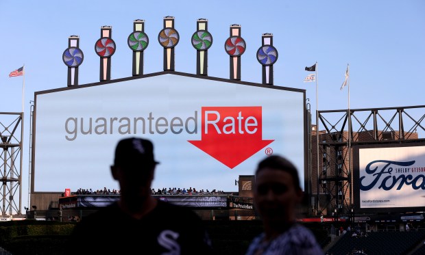 The Guaranteed Rate logo is shown on the big screen in August 2016 at what was then known as U.S. Cellular Field. The name changed to Guaranteed Rate Field later that year. (Chris Sweda/Chicago Tribune)